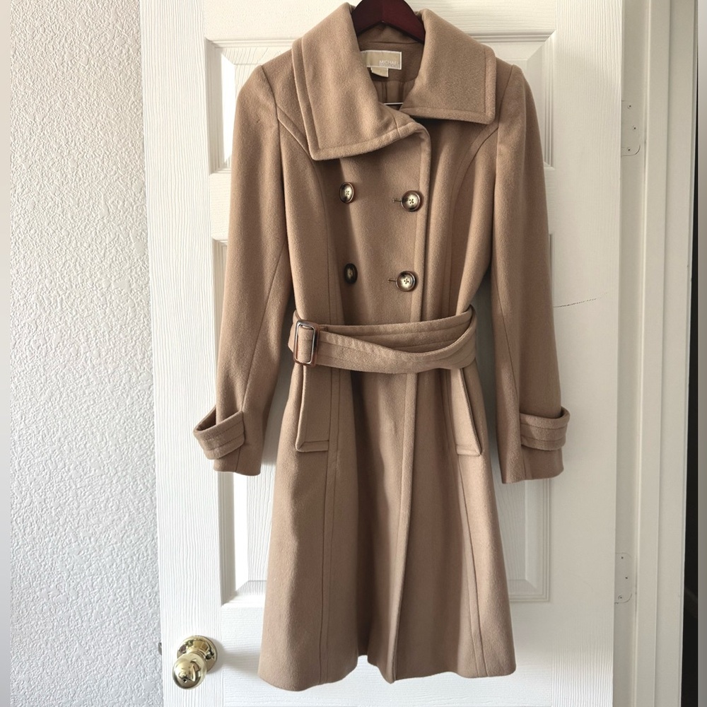 Michael Kors Camel Double-Breasted Wool Trench/Pea Coat